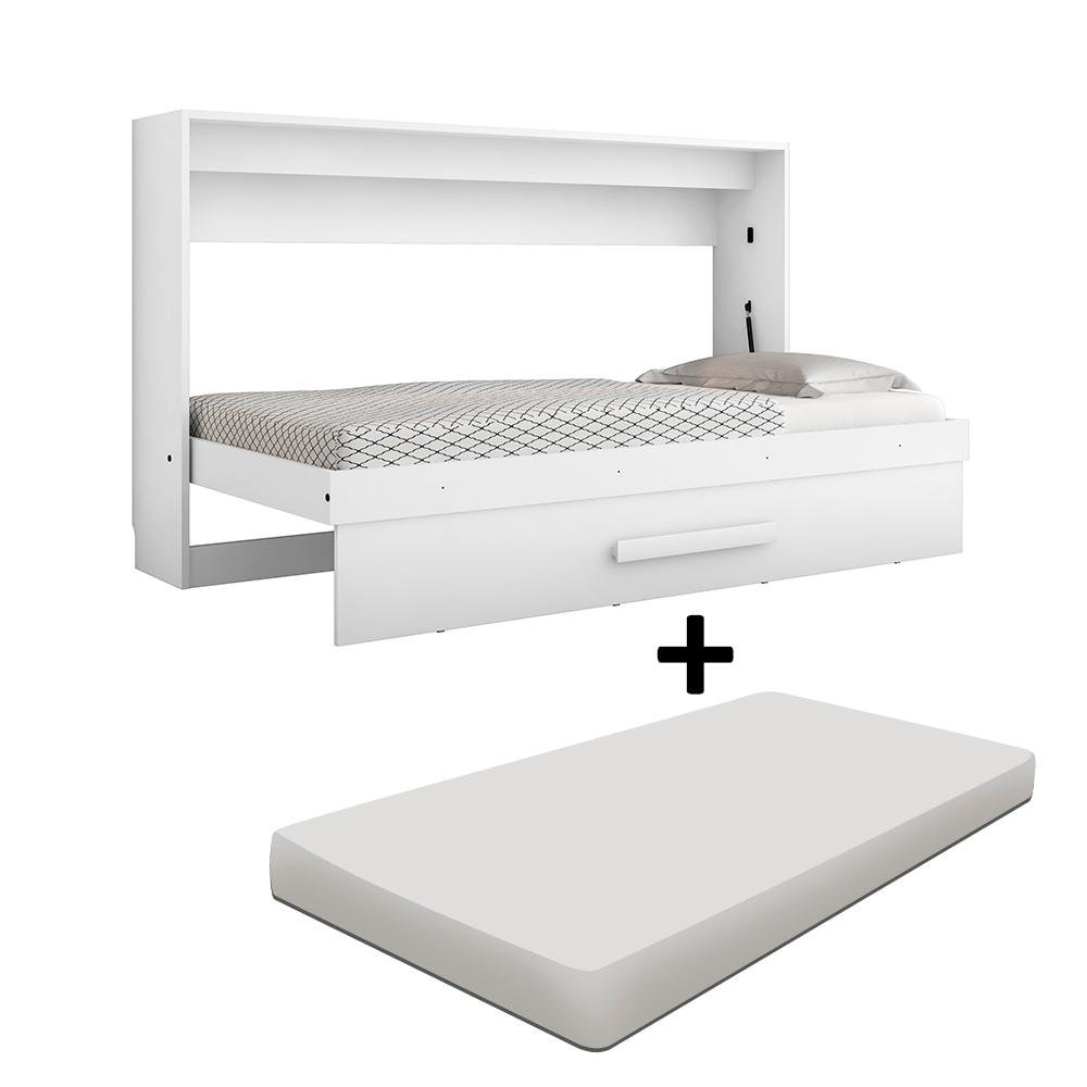 Cama Imbutida na Parede Dobrável Solteiro Horizontal com Colchão Branco ...