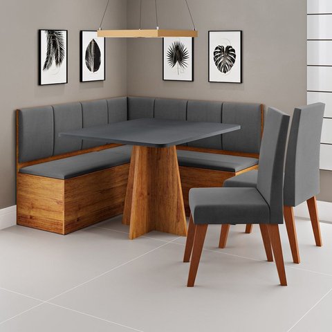Conjunto Canto Alemão Baú com Mesa 90x90cm e 2 Cadeiras Scoth Mel e Cinza