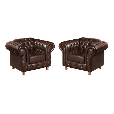 Kit 02 Poltronas Chesterfield Capitonê Luis XV Para Sala, Recepção, Barbearia - Couríssimo Marrom Ca