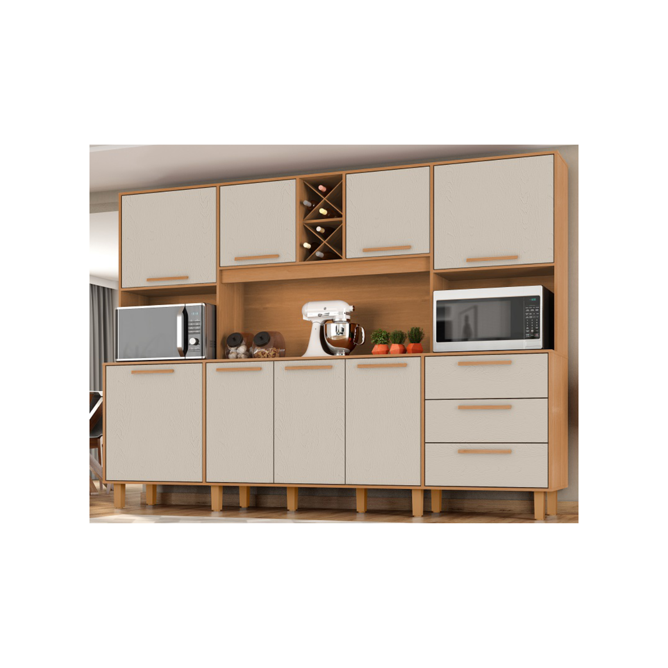 Kit de Armários para Cozinha MDP 8 Portas 3 Gavetas Apollo Marrom