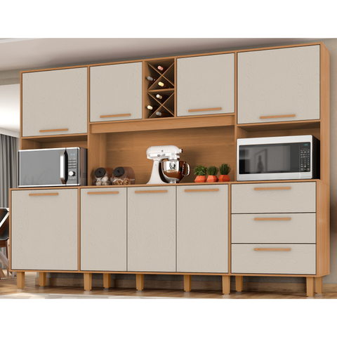 Kit de Armários para Cozinha MDP 8 Portas 3 Gavetas Apollo Marrom/Cinamomo/Areia
