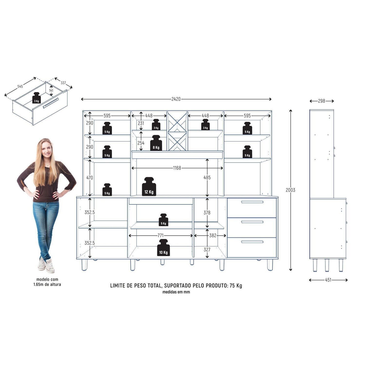 Kit de Armários para Cozinha Mdp 8 Portas 3 Gavetas Apollo - 3