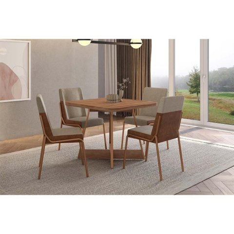 Conjunto: Mesa Sala Jantar Átria 1593 Aço C/ Tampo Madeirado 90x90cm e 4 Cadeiras Hug Rose/freijo/