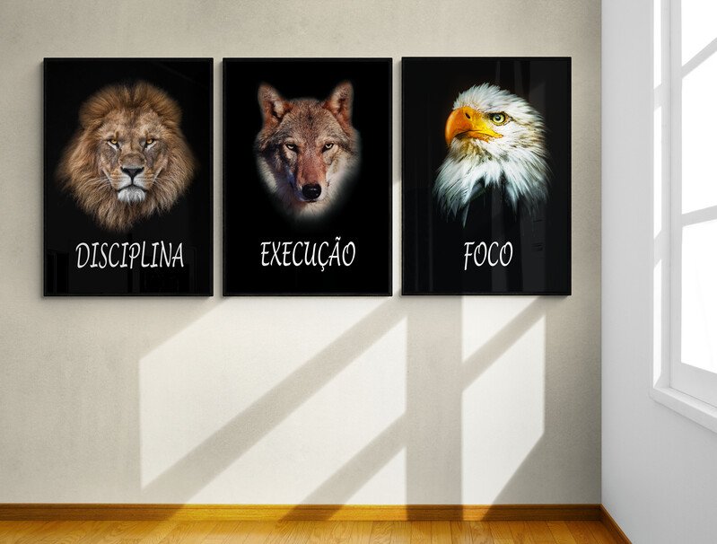 Quadro decorativo 3 telas Foco Execução e Disciplina