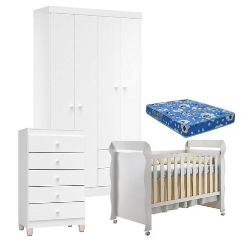 Quarto de Bebê 4 Portas com Gaveteiro Ternura Baby e Berço Mirelle Branco Brilho com Colchão - Incor