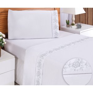 Jogo de Lençol Solteiro Percal Bordado Floral Branco 3 Peças