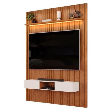 Painel Trento para TV com Bancada 183 Ripado Freijó/Off White com LED- DJ Móveis