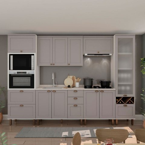 Cozinha Completa Iluminata Ayla 10 Portas 3 Gavetas 100% MDF com Vidro Branco/Fendi/Mineral - Genial