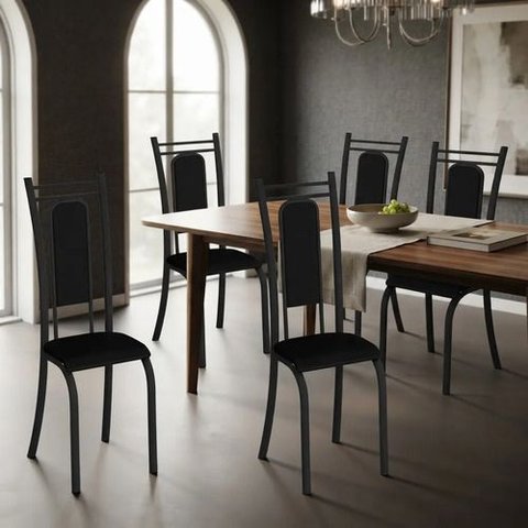 Kit 4 Cadeiras Paris Corino Preto Tubo Preto Fosco