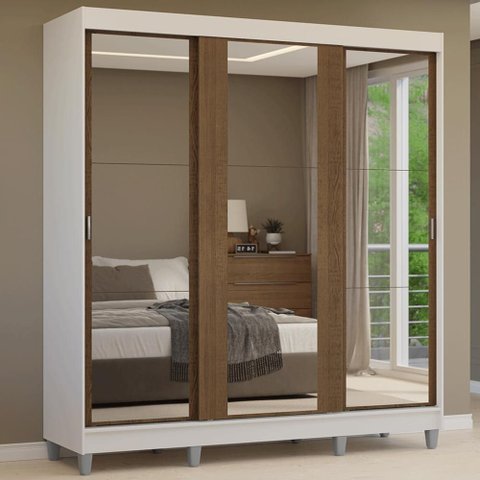 Guarda-Roupa Casal com Pés 3 Portas de Correr de Espelho Reno Madesa