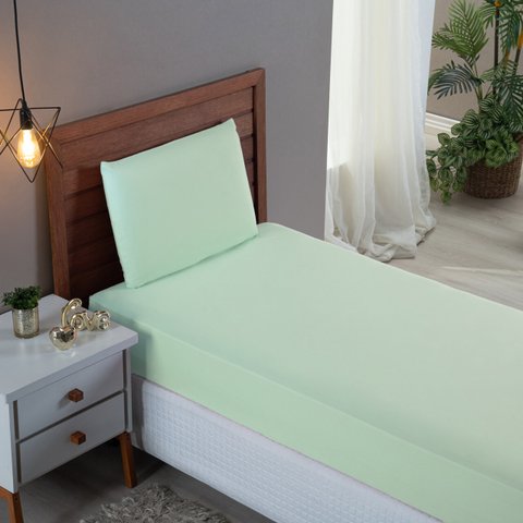 Kit Lençol de Solteiro 300 Fios Algodão 2 Peças Conjunto com Elástico e Fronha:verde Bebe