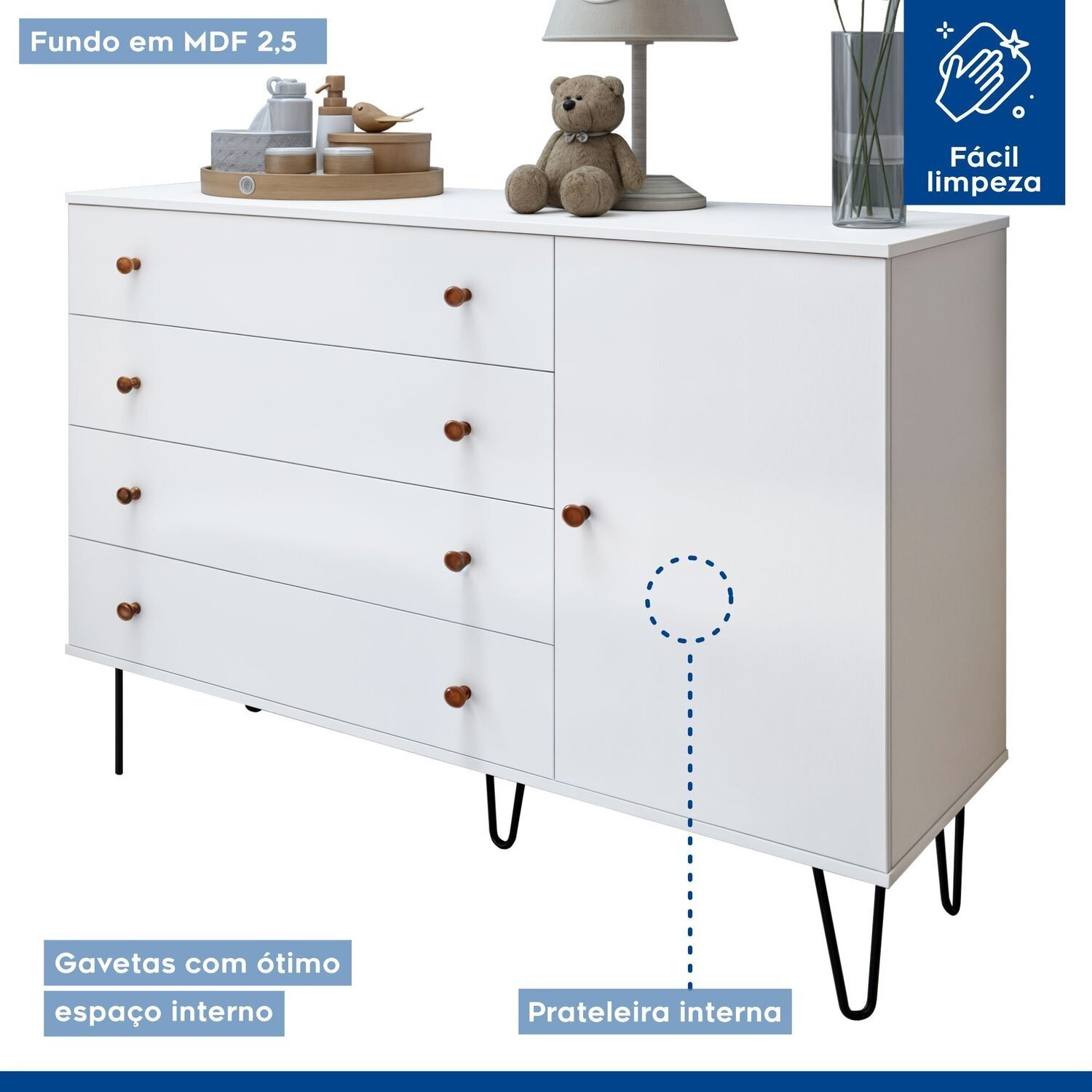 Quarto Infantil Closet Premium Marisol 138cm e Cômoda 129,5cm 1 Porta 4 Gavetas Minastex - 8
