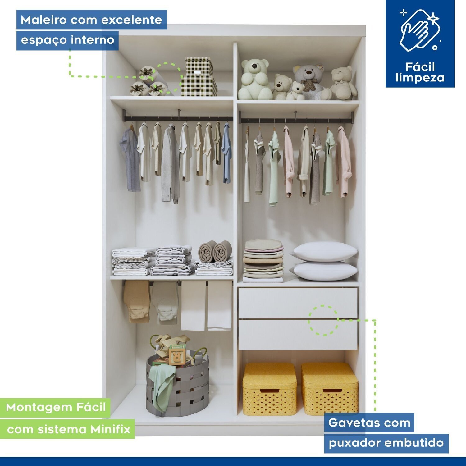 Quarto Infantil Closet Premium Marisol 138cm e Cômoda 129,5cm 1 Porta 4 Gavetas Minastex - 11