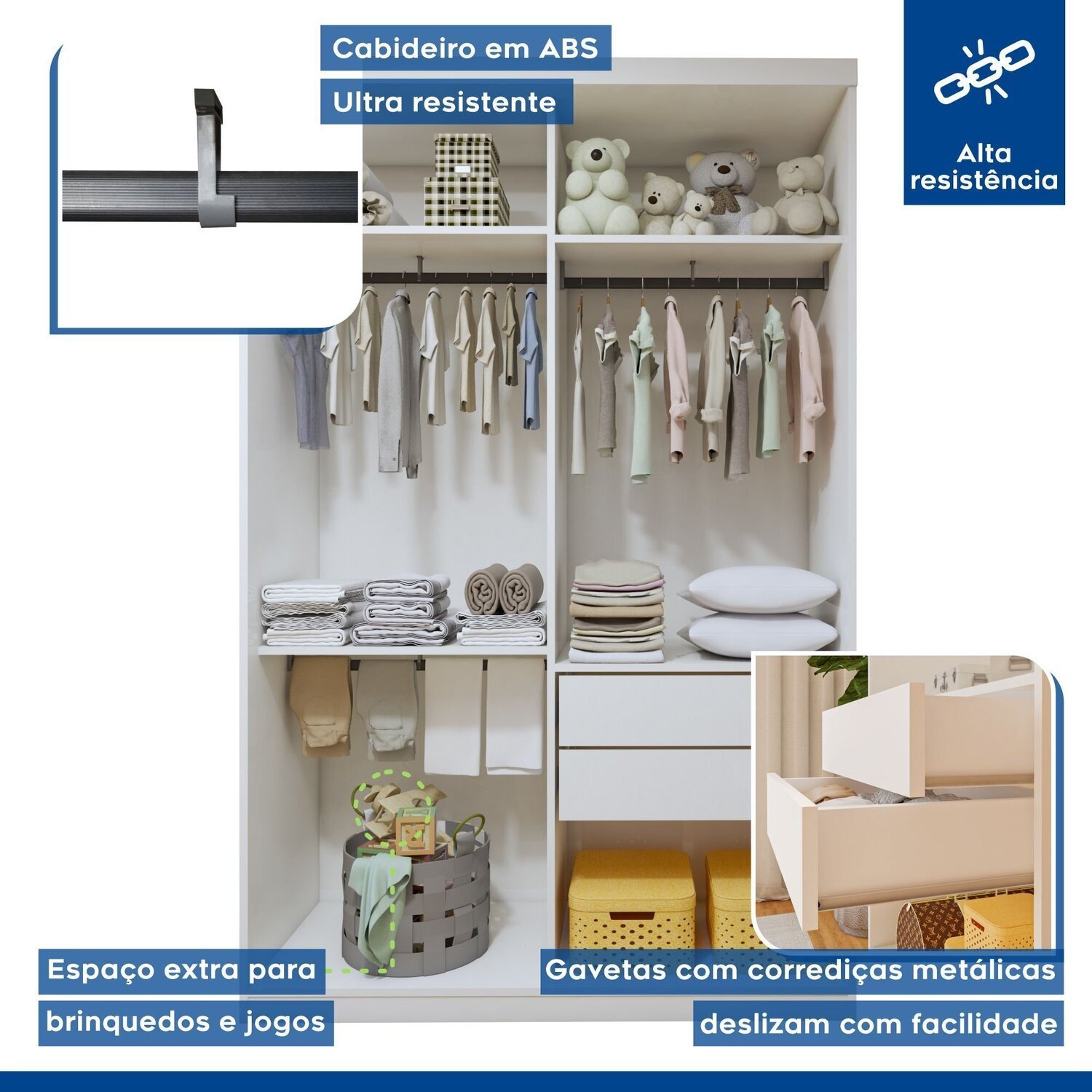 Quarto Infantil Closet Premium Marisol 138cm e Cômoda 129,5cm 1 Porta 4 Gavetas Minastex - 13