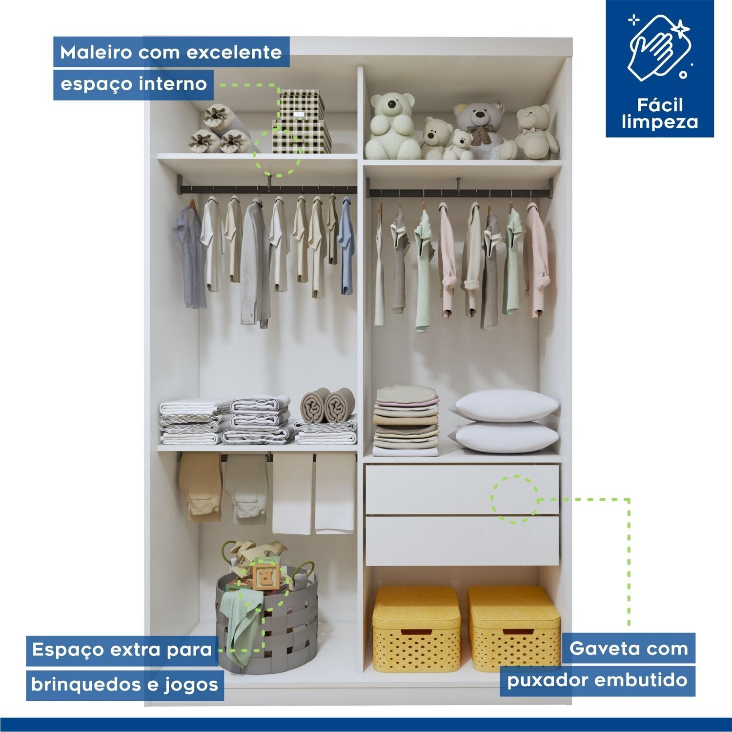 Quarto Infantil Guarda Roupa Solteiro Premium Elara 138cm 2 Portas  2 Gavetas com Cômoda 129,5cm 1 Porta 4 Gavetas Minastex - 13