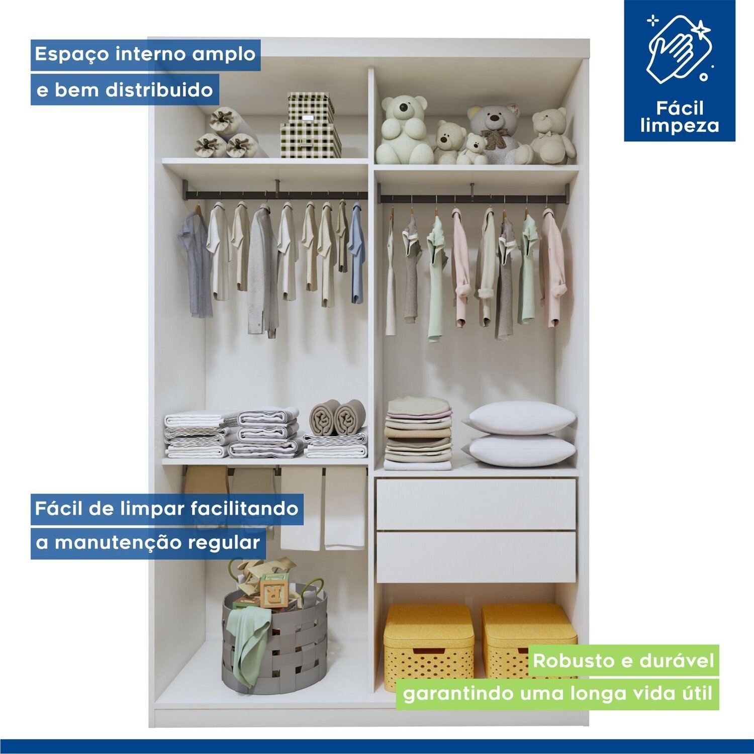 Quarto Infantil Guarda Roupa Solteiro Premium Elara 138cm 2 Portas  2 Gavetas com Cômoda 129,5cm 1 Porta 4 Gavetas Minastex - 14