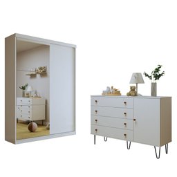 Quarto Infantil Guarda Roupa Premium Arabella 138cm com Espelho 2 Portas e Cômoda 129,5cm 1 Porta 4 Gavetas Minastex - 2