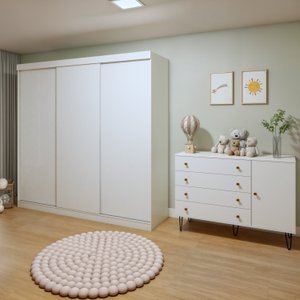Quarto Infantil Guarda Roupa Premium Thalia 205,9cm 3 Portas e Cômoda 129,5cm 1 Porta 4 Gavetas Minastex