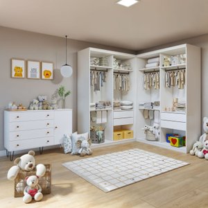 Quarto Infantil Closet Modulado Premium 2 Módulos Seraphina 276cm com Cômoda 129,5cm 1 Porta 4 Gavetas Minastex
