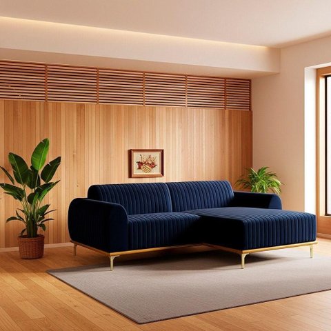 Sofá com Chaise Cocie 3 Lugares Reclinável 230cm Azul Marinho Sal Movelaria