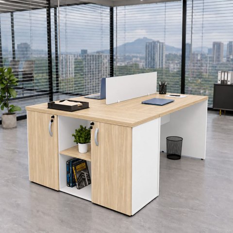 Conjunto Mesa Componível 2 Lugares 120x60cm + Armário Baixo Credenza para Escritório Corporativo