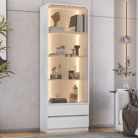 Cristaleira 2 Portas 2 Gavetas com Led e Portas de Vidro Liz Yescasa