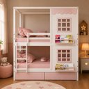 Ver imagem 1 de Beliche Infantil Casinha Reta 02 Janelas e 02 Gavetas Rosa Madeira Maciça Branco/ Rosa Megamobilia