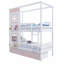 Ver imagem 2 de Beliche Infantil Casinha Reta 02 Janelas e 02 Gavetas Rosa Madeira Maciça Branco/ Rosa Megamobilia