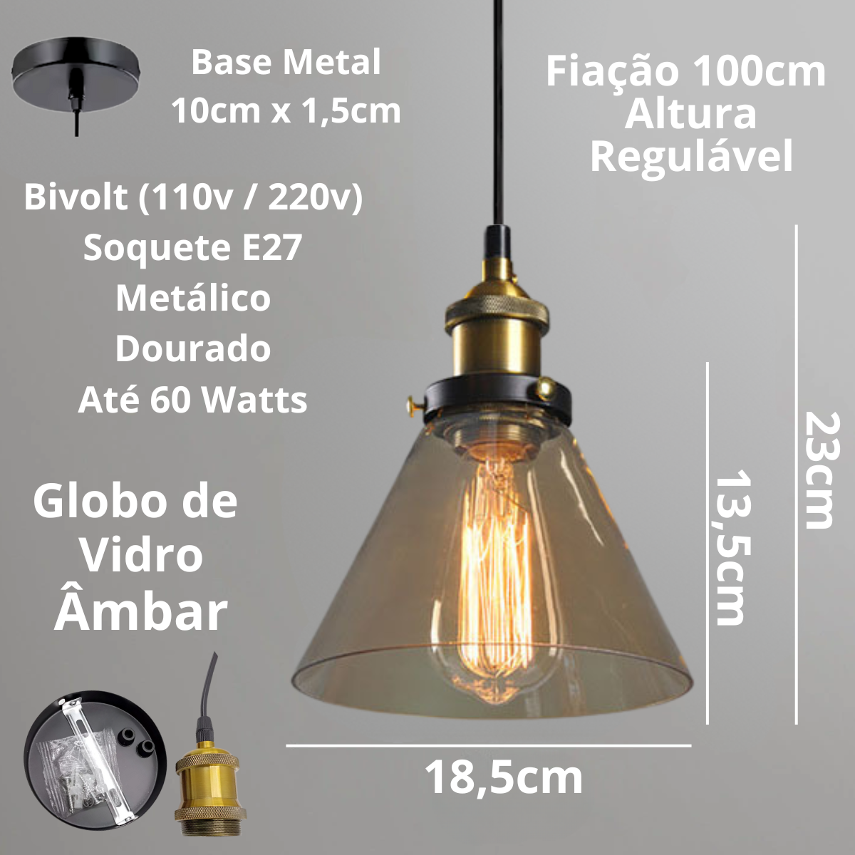 Ver imagem 5 de Lustre Pendente Chapéu 23cm Vidro Âmbar Luminária Teto Retrô Industrial Gimpo Kjdd-e-185