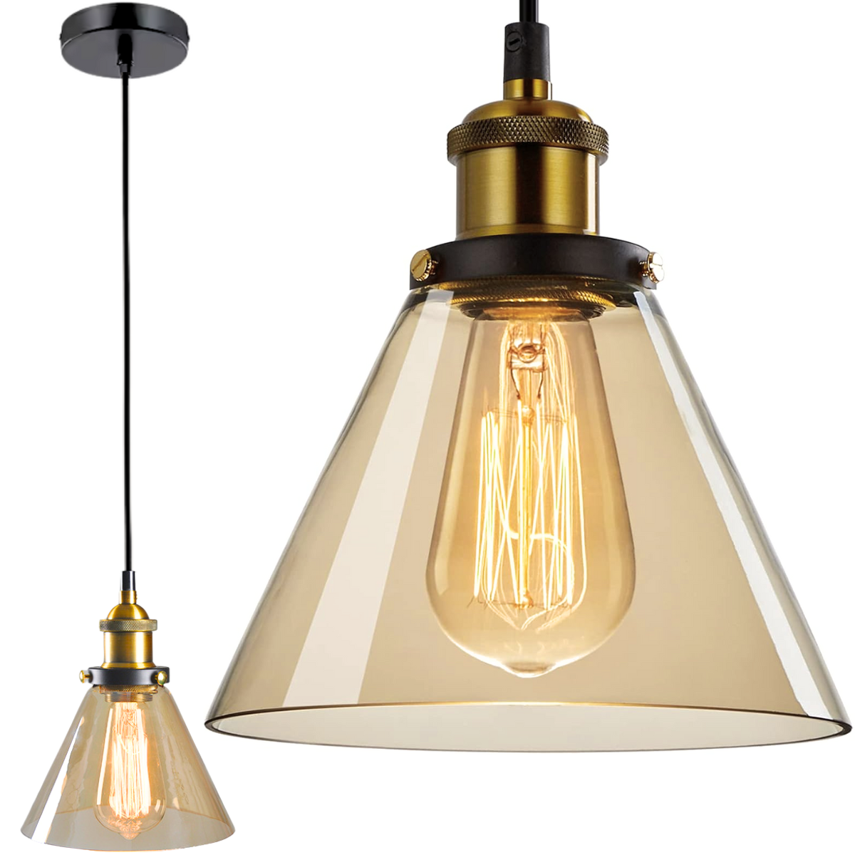 Ver imagem 3 de Lustre Pendente Chapéu 23cm Vidro Âmbar Luminária Teto Retrô Industrial Gimpo Kjdd-e-185