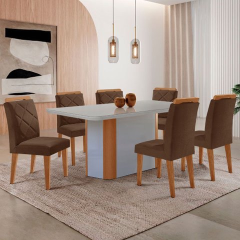 Mesa de Jantar Isadora 180cm Tampo Mdf Vidro Canto Copo e 6 Cadeiras Melissa