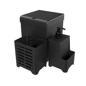 Kit Pia 3 Peças Lixeira Dispenser Porta Talher Cozinha - Stolf Preto