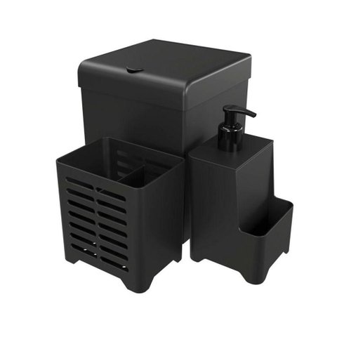 Kit Pia 3 Peças Lixeira Dispenser Porta Talher Cozinha - Stolf Preto
