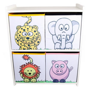 Estante Organizadora de Brinquedos com Caixas Estampadas - Leopardo - Leão - Pinguim - Vaquinha - Or