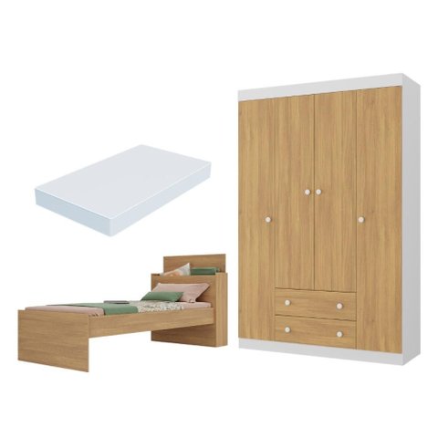 Jogo de Quarto Cama com Colchão Incluso e Guarda-Roupa 4 Portas 2 Gavetas Lira Multimóveis MP4839