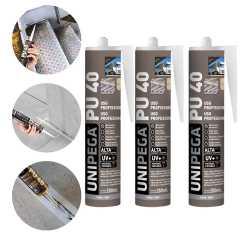 Kit 3 Cola Selante Pu40 Poliuretano Cinza 400g Profissional Adesivo Vedação Alta Resistência Madeira