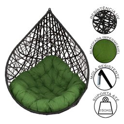 Cadeira Balanço Ninho Suspenso Gota Tramado C- Almofada Impermeável Acesse Móveis Preto-verde - 4