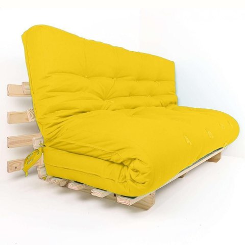 Sofa Cama Futon Oriental King Amarelo Madeira Maciça Pinus Natural sem Pintura