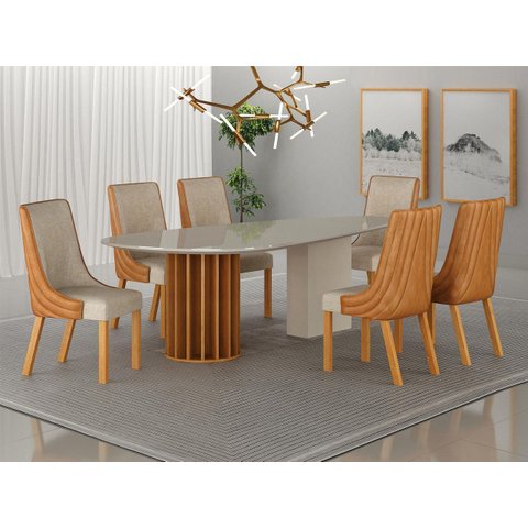 Conjunto Jantar 6 Cadeiras Maciça 2x1 Pilar Vdo- Arbo Design Cinamomo Off Linho Bege