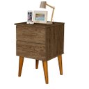 Ver imagem 1 de Mesa de Cabeceira Per 2 Gavetas Estilo Retrô com Pés Palito em Madeira Cor Canela Rm