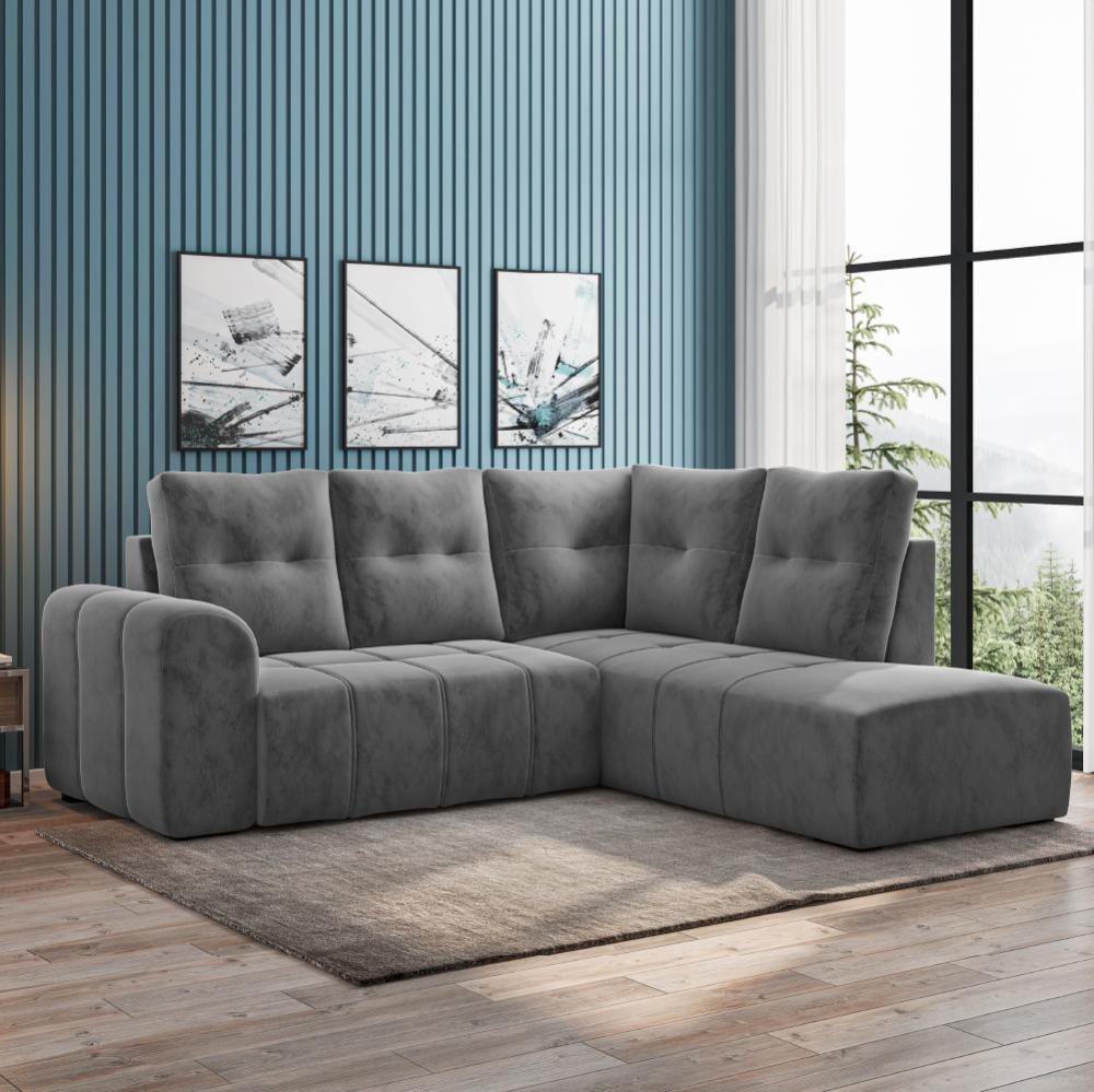 Sofá de Canto 5 Lugares com Puff Landal Cinza Suede Com Molas Selmer ...
