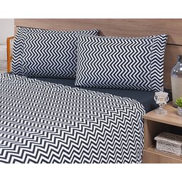 Jogo Lençol 4 Peças Cama Viúva 2,03mx1,20mx30cm 100% Algodão 180 Fios Ponto Palito Chevron Preto - 2