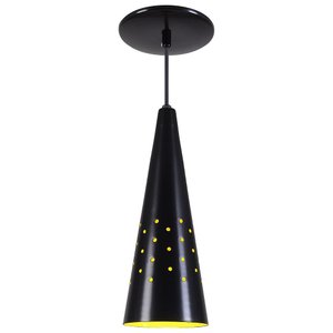 Pendente Cone Furado Luminária Lustre Alumínio Preto Fosco C/ Amarelo - T&T Iluminação