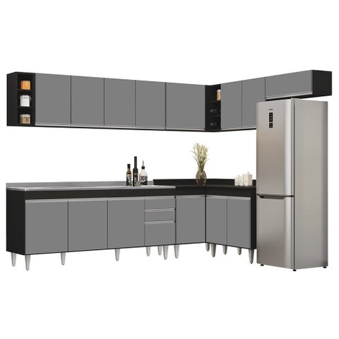 Armário de Cozinha Modulado de Canto 8 Peças Cp27 com Pia Inox Preto/cinza - Lumil Lumil Móveis