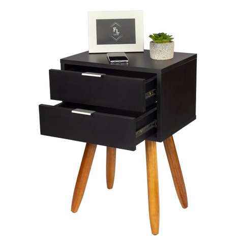 Mesa De Cabeceira Retro Preto COM 2 GAVETAS DE 30cm Pé CASTANHO ENVIO MONTADA