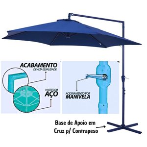 Ombrelone de Luxo P/ Varanda e Piscina, Bel Veneza Azu Guarda Sol Cobertura 3m Giratorio em Aço com