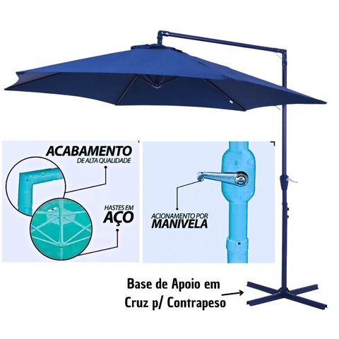 Ombrelone de Luxo P/ Varanda e Piscina, Bel Veneza Azu Guarda Sol Cobertura 3m Giratorio em Aço com