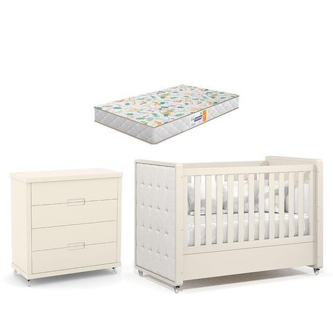 Berço Americano com Capitonê New Boucle e Cômoda Gaveteiro Infantil Tutto New Off White e Colchão Ga