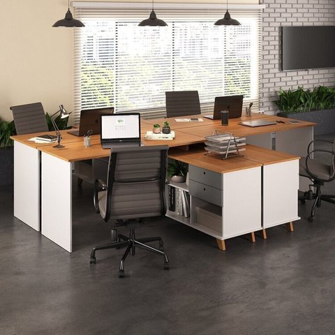 Conjunto 4 Escrivaninhas Retrô em L para Escritório e Home Office com e Gold 5 Nichos Freijó e Grafi