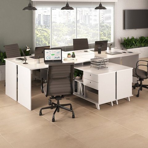 Conjunto 4 Escrivaninhas Retrô em L para Escritório e Home Office com e Gold 5 Nichos Branco Artany